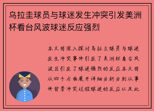 乌拉圭球员与球迷发生冲突引发美洲杯看台风波球迷反应强烈